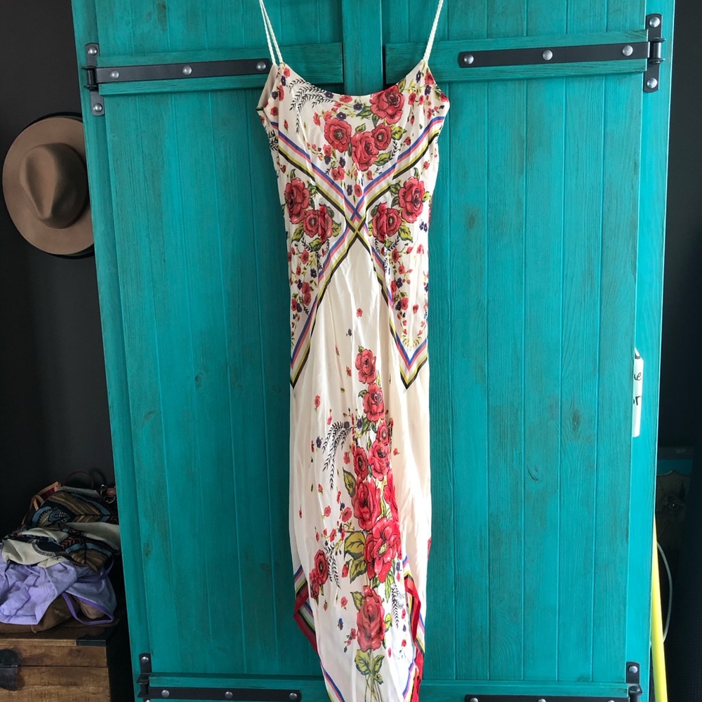 Sue Wong Cream Maxi Dress with Red Floral Print